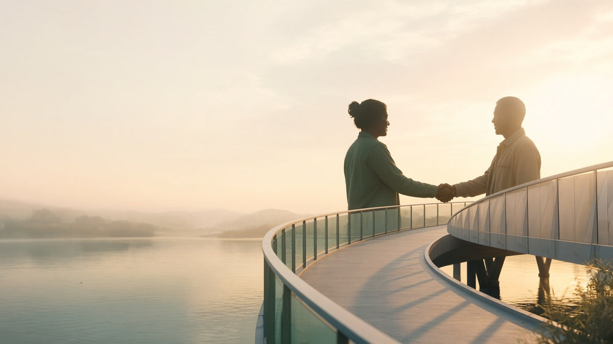 Two people shaking hands across a bridge, representing Amplify Accessibility partnership and inclusion.