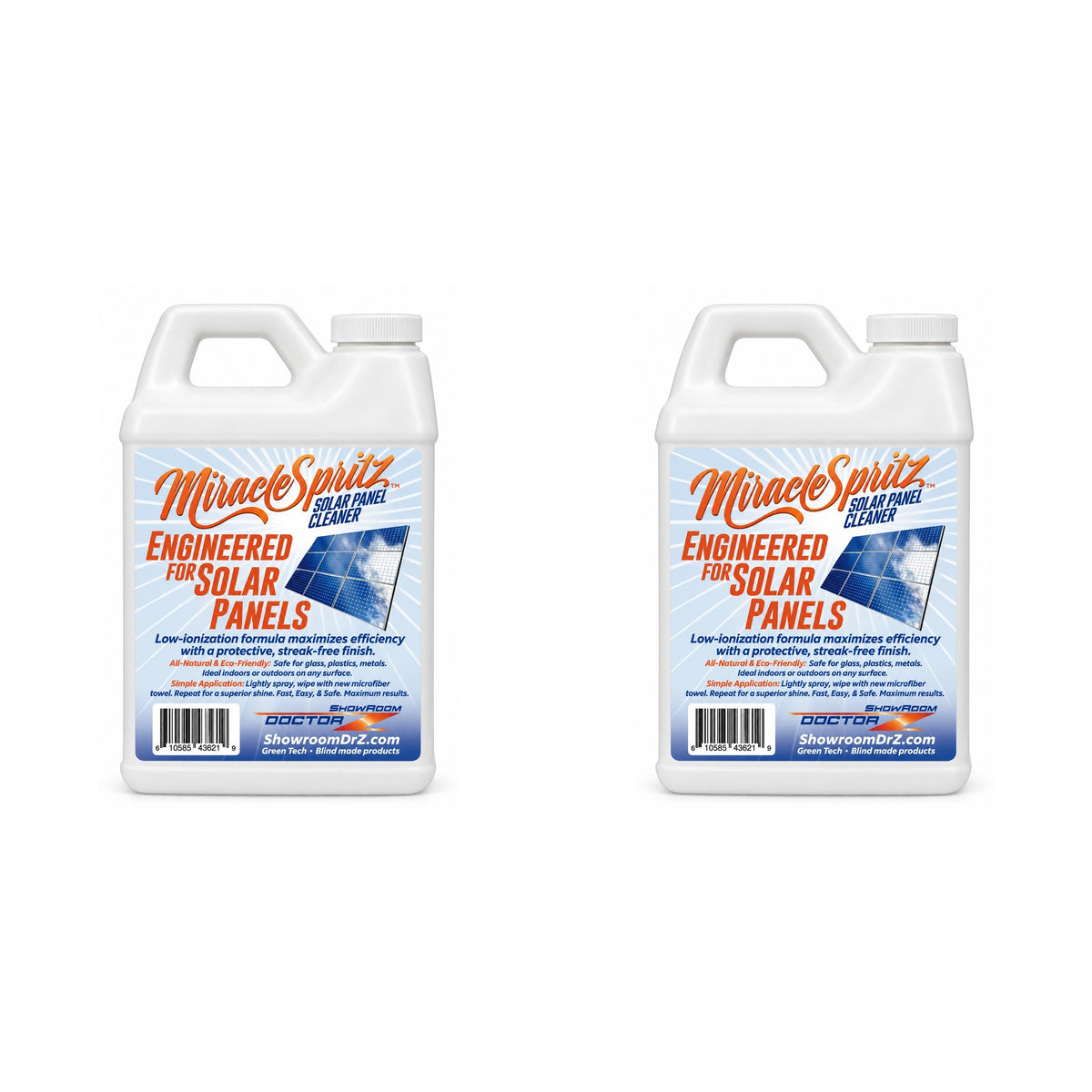 Miracle Spritz solar panel cleaner two 64 fluid ounce jugs pack, white bottles on white background