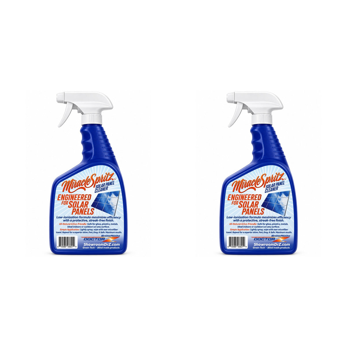 Miracle Spritz solar panel cleaner two spray bottles pack, white bottles on white background