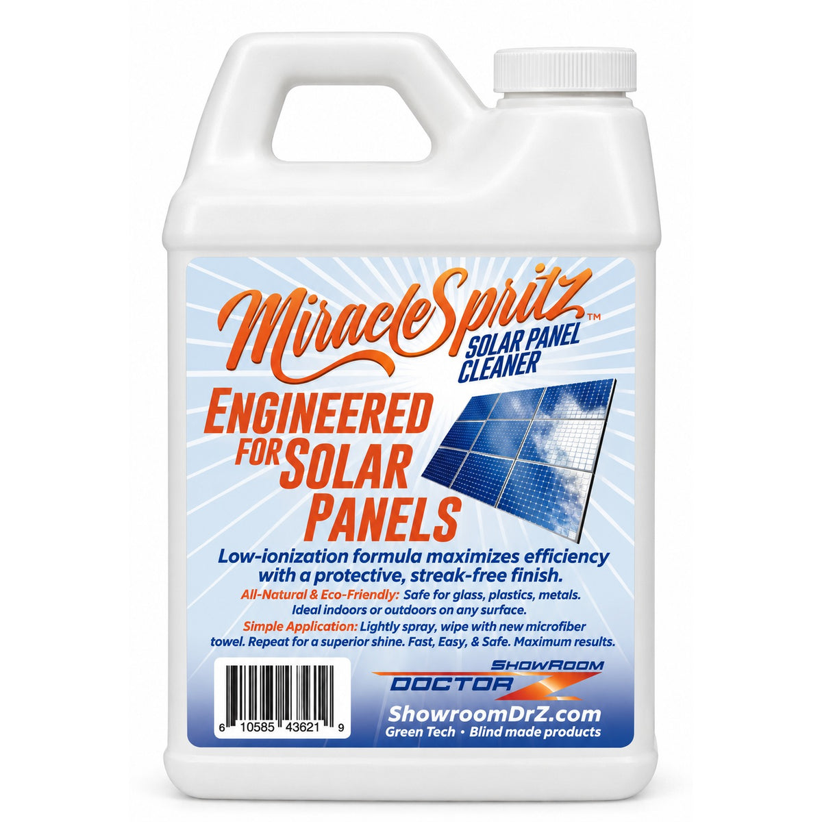 Miracle Spritz solar panel cleaner jug bottle, 64 fluid ounces, white bottle on white background